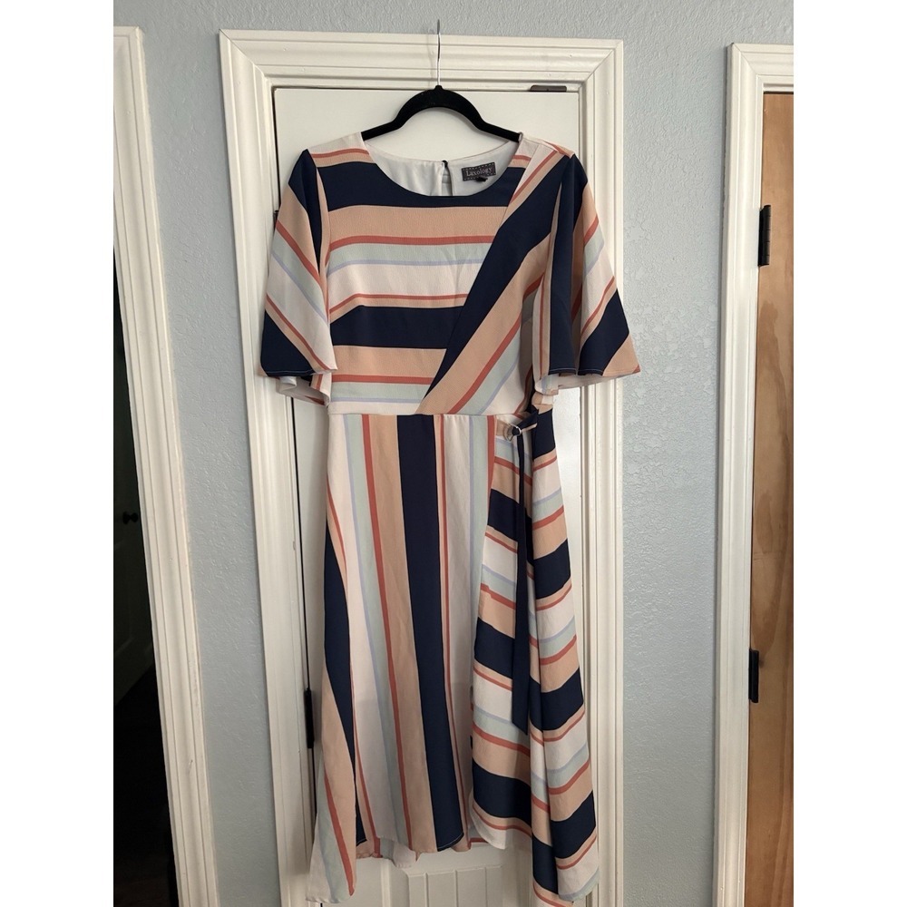 Luxology Striped Faux Wrap Midi Dress Womens Large Navy Peach Flutter Sleeve EPC